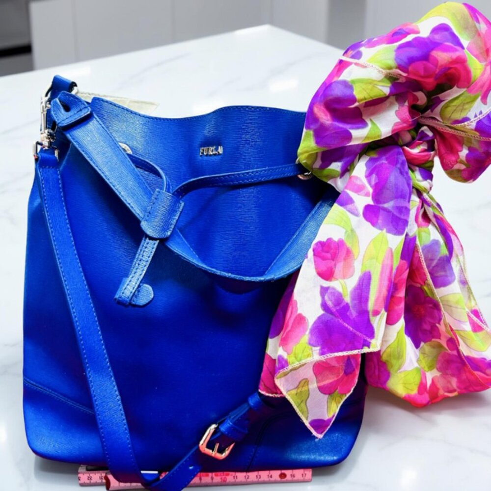 Furla Blue Leather Hobo Shoulder Bag 13"x4"x11" +FREE Chiffon Floral Scarf (40 - Picture 3 of 15